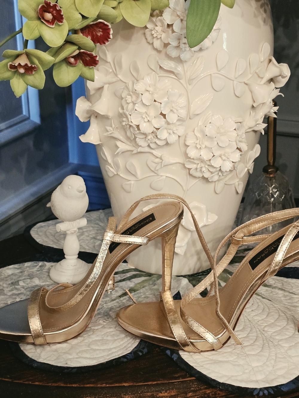 Donna Karan Metallic Gold Strappy High Heel Sandals
